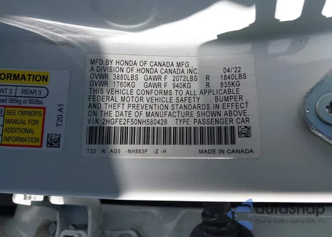 2022 Honda Civic Sport из США, поврежденный, VIN 2HGFE2F50NH580428